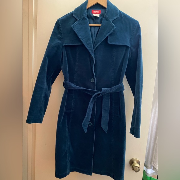 VTG Esprit Blue Cotton Velvet Trench Coat XS - Picture 6 of 15